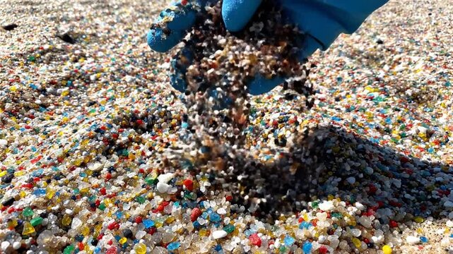 Gloved hand touching colorful microplastic pellets on polluted sand beach