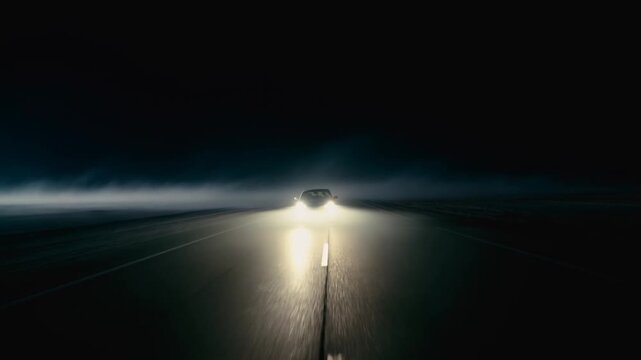 Car driving on a dark, foggy road with headlights illuminating the path ahead. Represents adventure, exploration, and the thrill of night travel