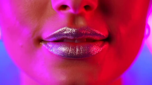 Close-up of a model's lips adorned with shimmering silver glitter lipstick under vibrant neon lights. Represents beauty, fashion, and self-expression in modern aesthetics
