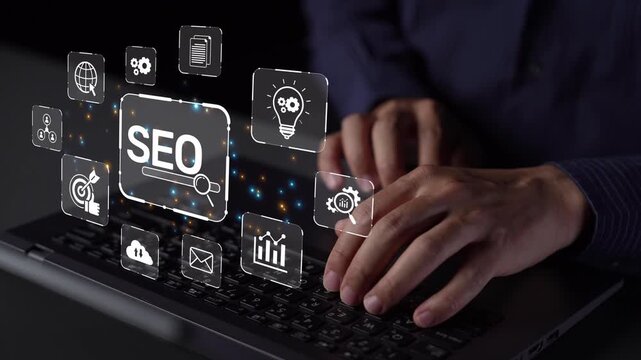 SEO concept for improving SEO visibility, with SEO related digital tools and SEO performance icons shown in an focused layout for strategic marketing. Muxer