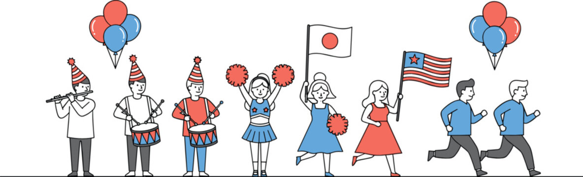 National celebration parade with people holding flags balloons and marching band festive event cartoon vector illustration