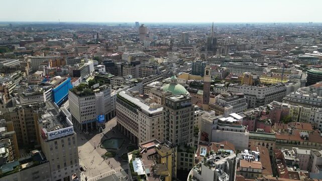 Europe, Italy, Milan drone view Milan downtown fashion district q- Piazza San Babila , Corso Vittorio Emanuele in Duomo Cathedral and new skyline - Via Montanapoleone most expensive area for houses in