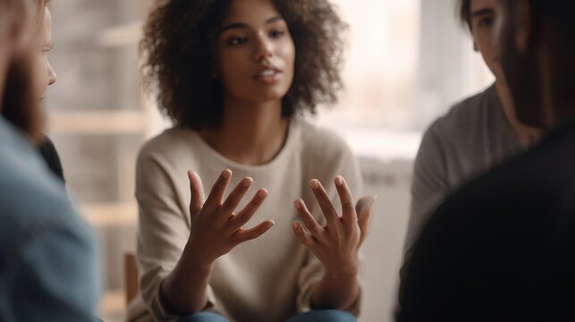 Adults in a language learning circle practicing phrases closeup on the active speakers animated expression while other participants seated around maintain a smooth outoffocus
