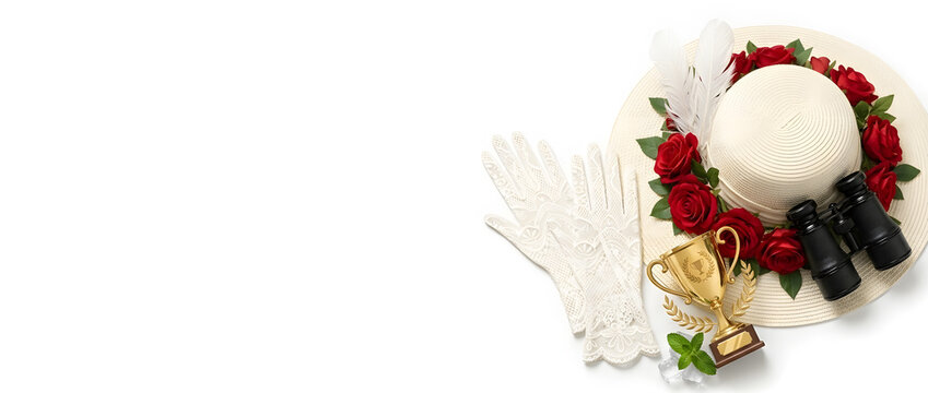 Elegant Ladies Kentucky Derby Hat with Red Roses Lace Gloves and Pearl Necklace with Copy Space for Text