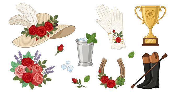 Complete Kentucky Derby Set with Straw Hat Roses Lace Gloves and Golden Trophy on White Background with Copy Space