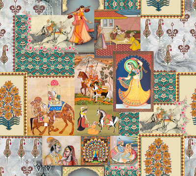 Vintage Indian Miniature Art Collage Pattern, Traditional Rajasthani Mughal Painting Style Seamless Textile Design..