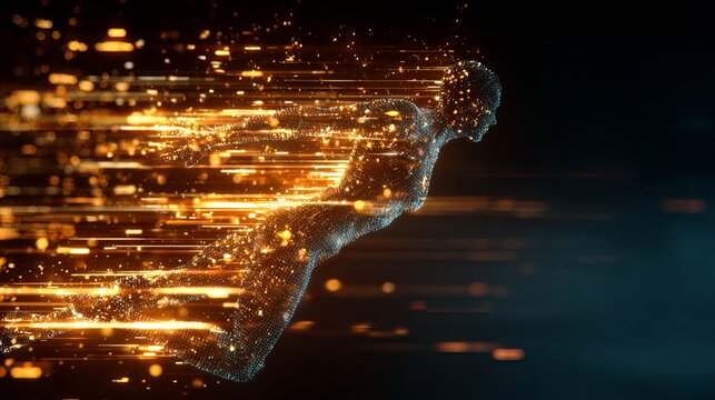 Futuristic digital human silhouette breaking through data streams and code concept of digital transformation AI integration and future workforce