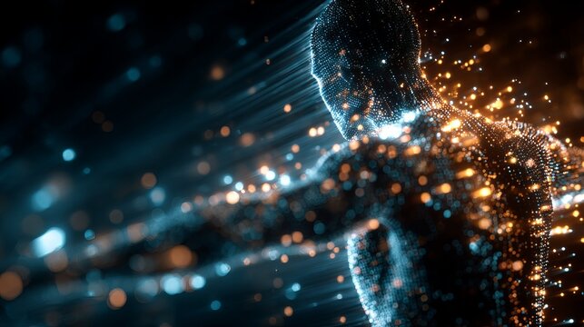 Futuristic digital human silhouette breaking through data streams and code concept of digital transformation AI integration and future workforce