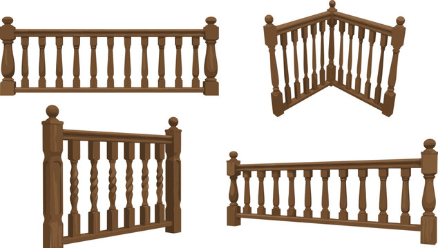 Wooden stair railings set with classic balusters and banisters interior architecture elements vector illustration collection