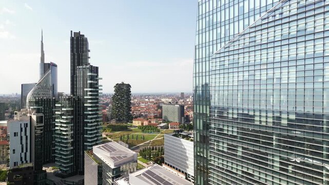 Europe, Italy, Milan 04,03,2026  drone view Milan downtown fashion district , Garibaldi new skyline with skyscrapers Paribas, Unicredit tower and Vertical forsest bosco verticale, Gae Aulenti park BAM