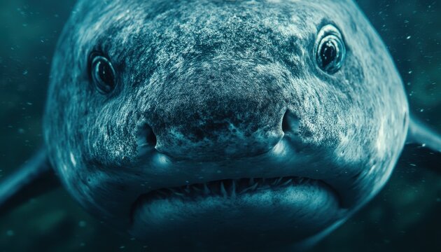 Portrait sous-marin d&eacute;taill&eacute; d'un grand requin blanc &eacute;mergeant de l'obscurit&eacute; marine, capturant son regard intimidant et sa peau textur&eacute;e.