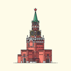 Naklejka premium A symmetrical, stylized illustration of a tall building. It features a green spire topped with a red star, red brick, and large clocks