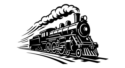 Vintage Steam Locomotive Front View Bold Vector Illustration — Powerful Retro Train Running on Track with Smoke Black and White Design for Logo and Print © Amanda