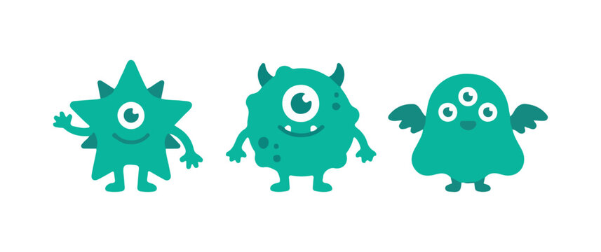 set of cute happy monsters/germs cartoon illustrations on white background