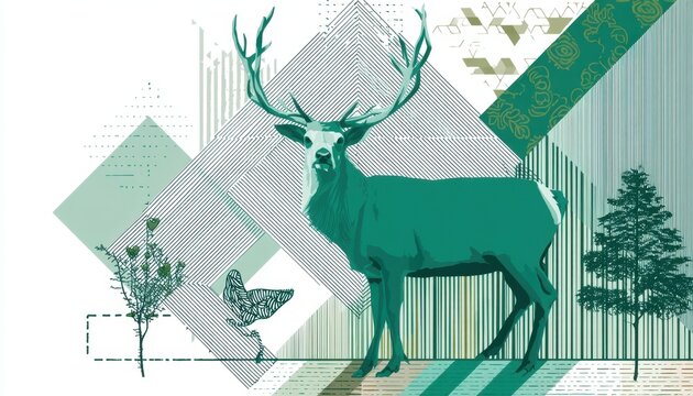 Illustration artistique d'un cerf majestueux aux grands bois entour&eacute; de formes g&eacute;om&eacute;triques modernes, d'un sapin et d'un petit oiseau en vert et gris.