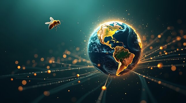 Glowing Bee Flying Towards Earth Amidst Golden Sparkles In Space