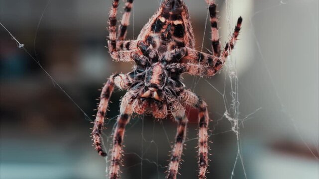 Cross spider macro shot of garden orb weaver on web capturing close up details of legs and abdomen.