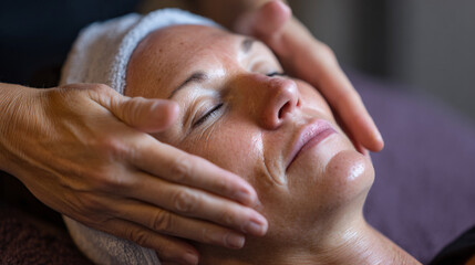 Naklejka premium Close-up of professional rejuvenating facial massage with fingers pressing muscles on relaxed woman in spa