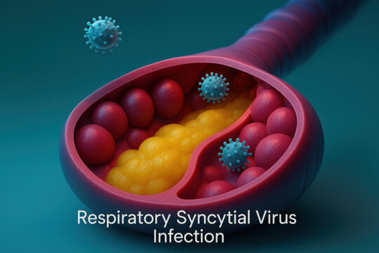 Medical view of respiratory syncytial virus infection causing serious condition. This bronchiole cutaway shows mucus obstruction and swollen epithelial cell