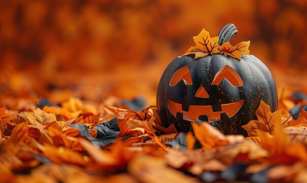 Citrouille d'Halloween noire sculpt&eacute;e pos&eacute;e sur un tapis de feuilles d'automne rousses dans une ambiance myst&eacute;rieuse et festive de saison.
