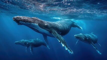 Fototapeta premium Humpback whales swimming together in open ocean water