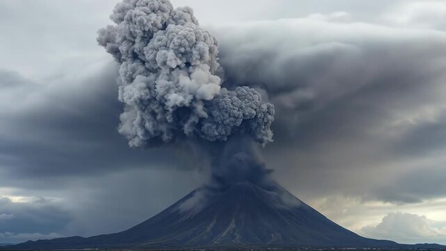 Dramatic volcanic eruption with ash cloud and stormy atmosphere.