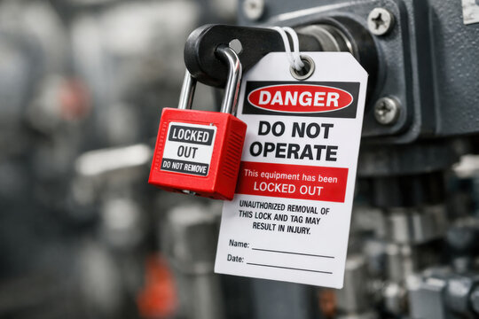 Serious industrial lockout tagout safety procedure showing red danger padlock on factory equipment during maintenance. This workplace concept prevents accidental operation