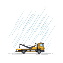Naklejka premium Yellow towing truck vector illustration towing a vehicle during heavy rain with water drops and wet road surface