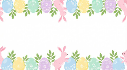 Obraz premium Easter holiday frame with pastel eggs and pink bunnies, spring floral border with decorative eggs, festive seasonal background for greeting cards
