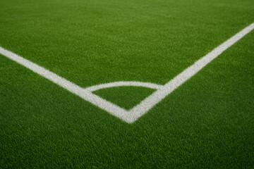 Obraz premium Minimal perspective of green football field corner with crisp white boundary line on freshly cut grass. An outdoor sports field ready for game with sense of anticipation