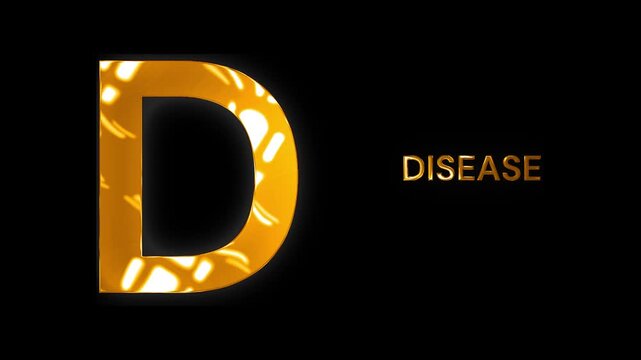 D for disease medical alphabet text design with golden shine sunlight animation video