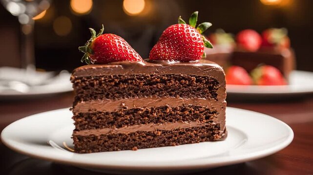 Delicious slice of chocolate layer cake topped with fresh strawberries