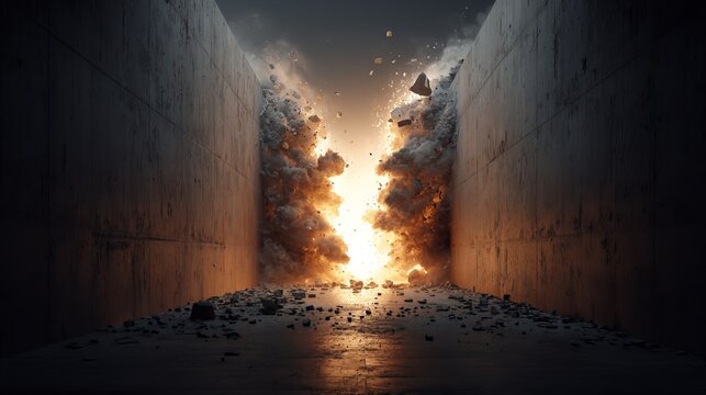 Cracked concrete wall with glowing light breaking through center concept of breaking barriers new opportunities and breakthrough