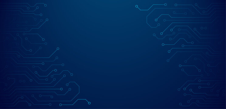 Flat blue microelectronics circuit board banner isolated on dark background. The geometric texture of modern digital technology, computer, motherboard, or high-tech technology. Vector illustration