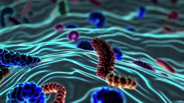 Microscopic animation of gut bacteria and microbes moving dynamically across organic surface. Scientific medical visualization.