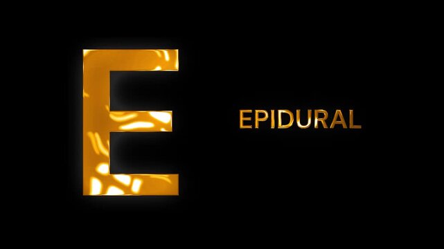 E for Epidural medical alphabet text design with golden shine sunlight animation video