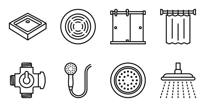 Collection of shower cabin designs, shower heads, and drainage systems for bathrooms
