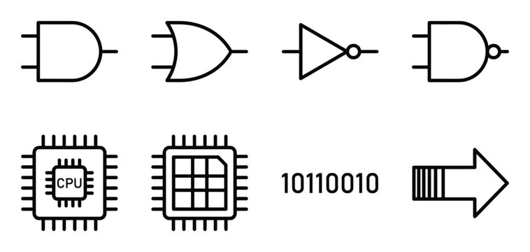 Computer components and logic gates icons for electronic hardware engineering design and technology