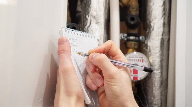 A man writes down the readings of water meters with a pen on paper. The concept of paying for utilities. Rise in price per cubic meter of water. The man takes readings from the water meter.