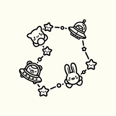 Fototapeta premium A whimsical, black-line drawing on a cream background. It features a chain of cute space-themed characters including a bear, a rabbit, and stars