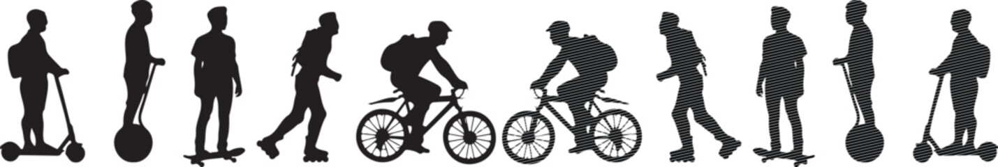 Urban micro mobility silhouette collection, people riding electric scooters and bicycles, set of 12 active commuters on skateboards and unicycles © Samia