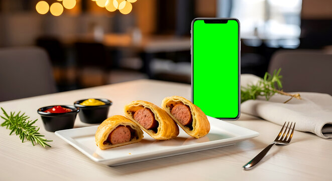 Mini Sausage Pastry Bites with Dipping Sauces and Smartphone Mockup &mdash; Gigitan Sosis Mini dalam Pastry dengan Saus dan Mockup Smartphone