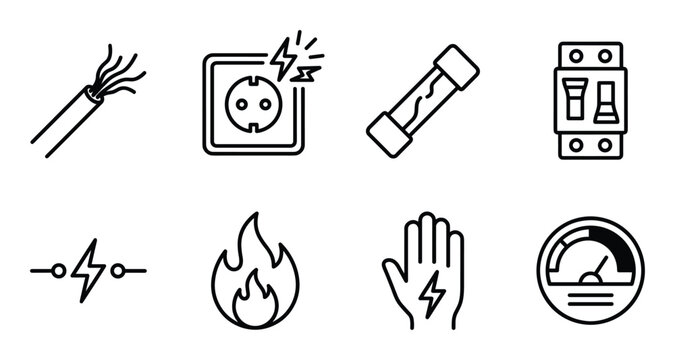 Electrical hazard warning symbols including cable socket fuse lightning and flame