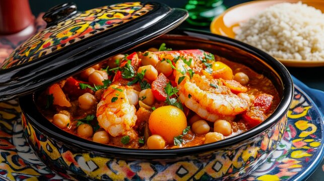 A Moroccan-inspired tagine presentation. A traditional ceramic tagine lid is lifted, revealing a stew of lobster pieces, chickpeas, apricots, and aromatic spices like cumin and coriander