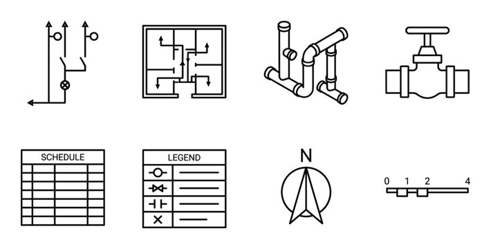 Engineering diagrams electrical plumbing water valve schedule legend compass and scale