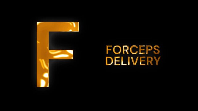 F for forceps delivery medical alphabet text design with golden shine sunlight animation video