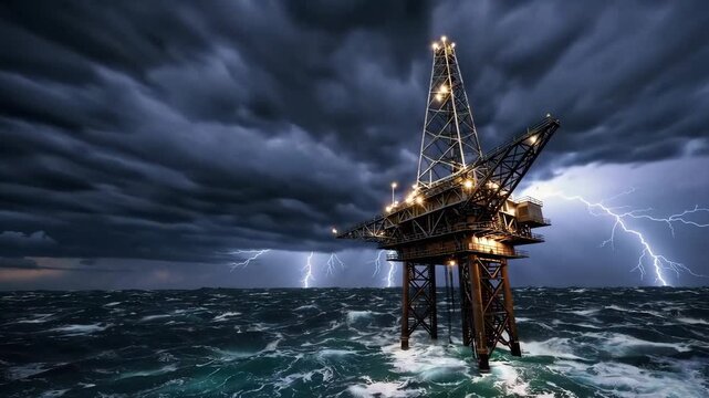Offshore oil rig enduring stormy seas with crashing waves, showcasing power and industry.