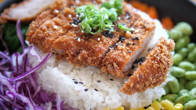 apanese tonkatsu pork cutlet rice bowl with vegetables and sesame for restaurant and oriental food concept