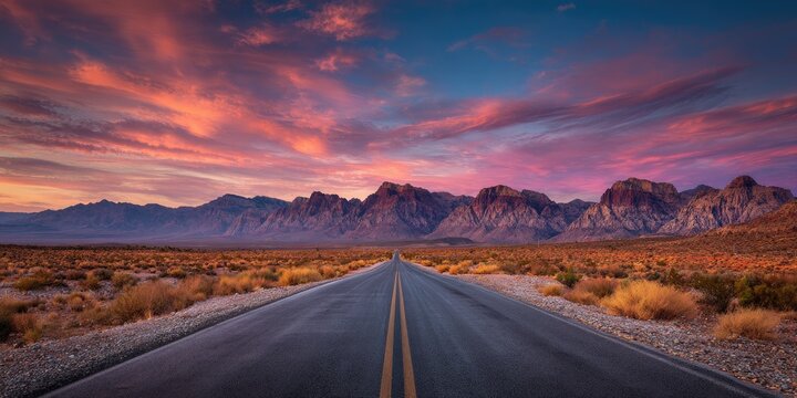 A vast desert highway stretches towards majestic mountains under a vibrant sunset sky