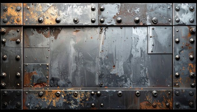 Grungy Dark Metal Plate with Rivets and Rust in Harsh Lighting
